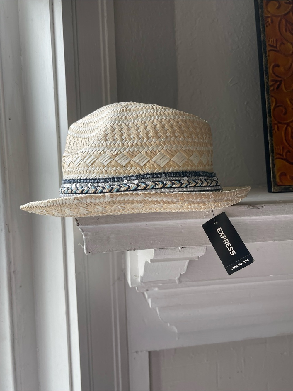 Express Natural Straw Fedora with Blue Trim and White Pom Accents